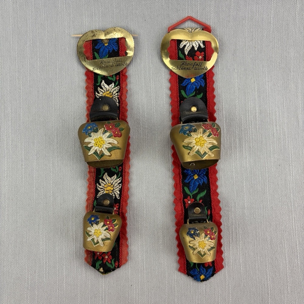 Vintage Swiss Rheinfall Schossli Worth Cow Bells Embroidered Strap Souvenir Pair